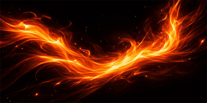 Fiery Phoenix Wings: Abstract representation of vibrant, glowing orange and yellow flames dancing like phoenix wings against a dark, black background, evoking power and transformation.