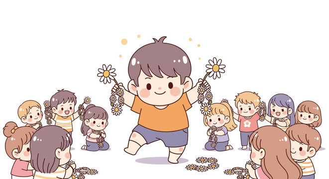 Happy cartoon child holding flowers with smiling friends around.