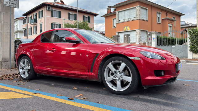 The Mazda RX-8, a sports coupe famous for its Wankel rotary engine, features a four-seater coupe body style. Udine, Italy, June 5, 2026
