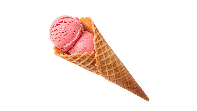 Crisp wafer waffle cone with delicious pink berry ice cream scoop on transparent background