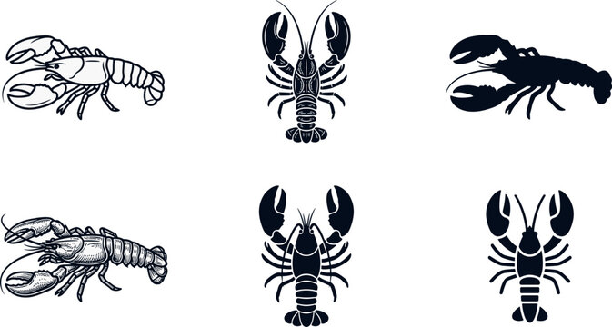 Lobster Icon Set with Detailed Engraving Hand Drawn Linocut Sketches and Black Silhouette Vectors for Seafood Restaurants, Menus, and Ocean Graphic Designs