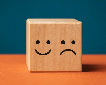 Wooden block shows contrasting happy and sad faces, symbolizing dual emotions, sentiment analysis, or mood changes.