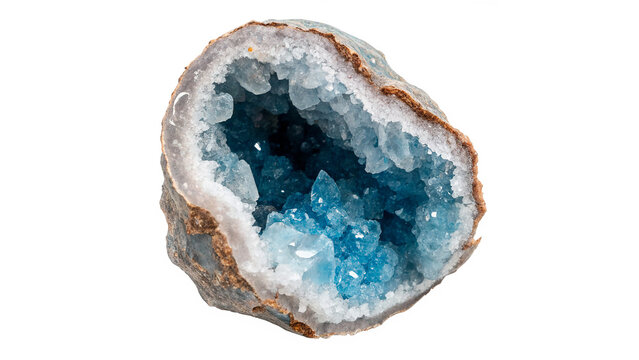 Natural blue agate crystal geode stone cut open detailed quartz texture on transparent background