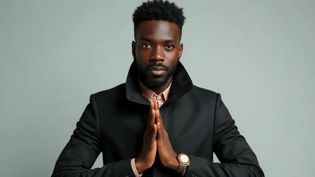 Portrait of a confident young man with praying hands gesture, wearing a stylish black coat and gold watch. Calm, respectful and thoughtful expression, isolated on plain background.