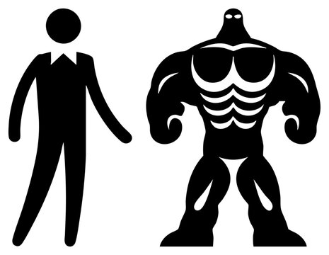 Stark contrast between a slim man and a massive figure. This graphic shows a regular guy alongside a heavy lifter, using bold stencil shapes to depict extreme physical differences.