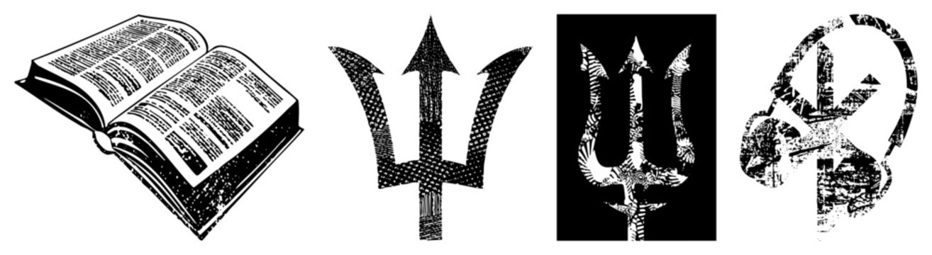 This collection features a weathered trident, also known as a sea fork or pitchfork, alongside an old open tome. Each element uses a heavy halftone stencil style for a gritty aesthetic.
