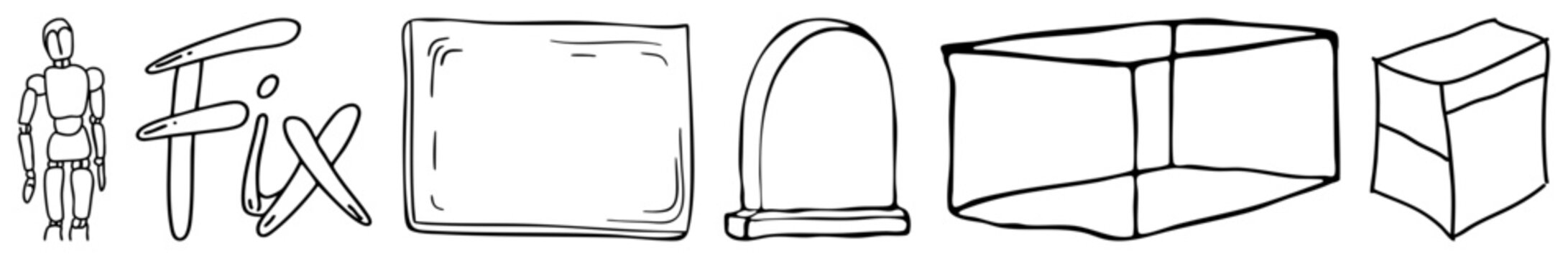 Set of simple art elements featuring a wooden mannequin, the word fix, and various geometric forms. This doodle kit includes a jointed dummy and basic shapes for creative projects.