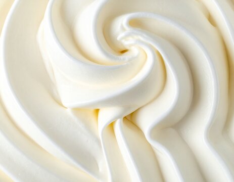 Close up of smooth vanilla ice cream background texture, creamy soft serve swirl frozen dessert