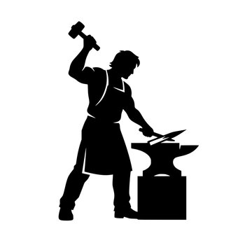 Blacksmith Silhouette Forging Metal with Hammer on Anvil
