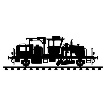 Silhouette of a railway track maintenance vehicle on rails isolated on white