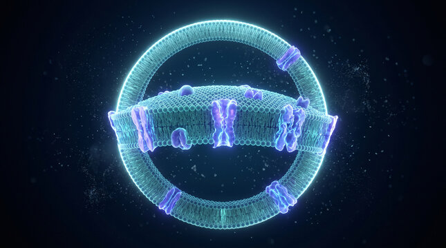 Cell membrane structure with proteins and phospholipid bilayer in a glowing blue circular model illustration