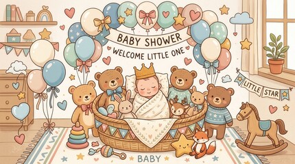Obraz premium Sleeping baby wearing a crown in a basket with teddy bears, surrounded by baby shower decorations
