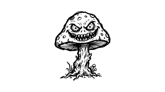 A spooky cartoon mushroom with a menacing face.