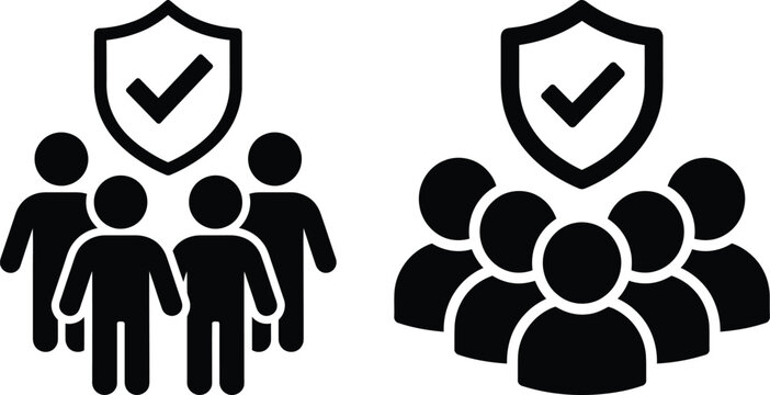 Protected group of people icons with shield and checkmark