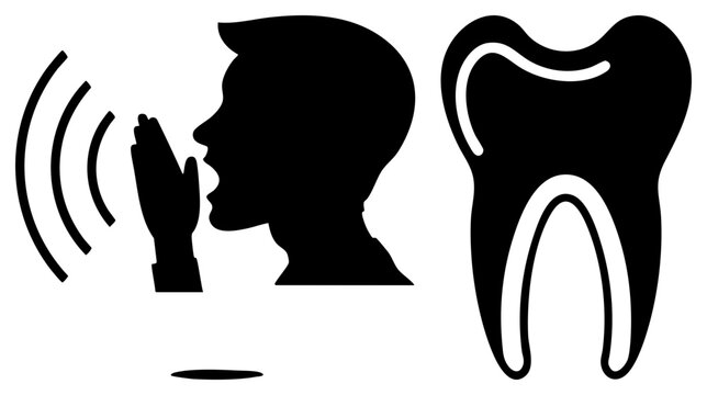 Minimalist profile of a person shouting or talking, featuring a molar and a chatterbox silhouette. This dental shows a mouthpiece and a large tooth in a high contrast stencil style.