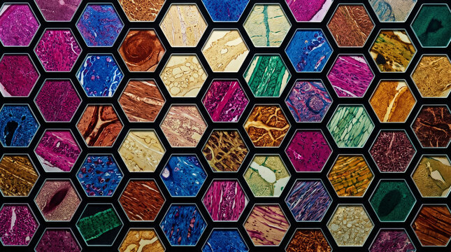 A collection of colorful microscopic tissue samples in hexagonal frames on a black background closely arranged