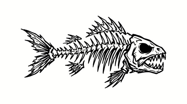 A black and white illustration of a fish skeleton.