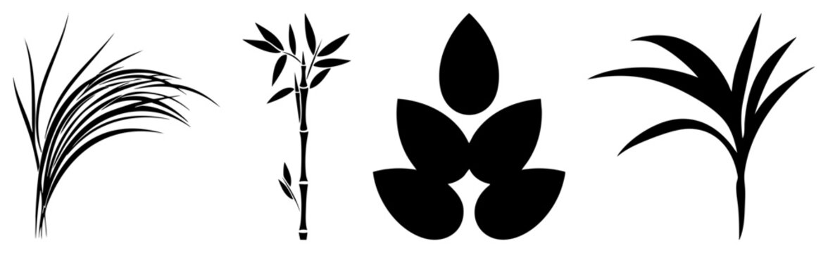 Collection of botanical silhouettes featuring slender bamboo stalks, lush jungle foliage, and organic leafy sprigs. These plant capture the essence of nature through simple black shapes.
