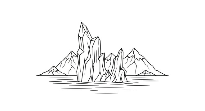 Mountain range with icebergs floating.