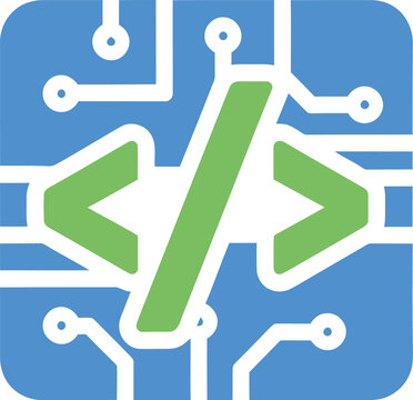 Green code symbol on a blue circuit board background.