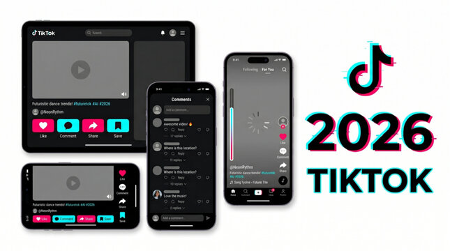TikTok mockup 2026 social media UI UX interface template design for smartphone and tablet device, mobile app video player layout with comments section, feed scrolling frame and dark mode theme.