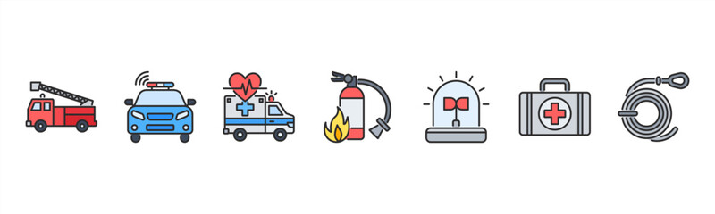Emergency services icons featuring Fire Truck, Police Car, Ambulance, Fire Extinguisher, Siren, First Aid Kit, Rescue Rope. © Dewi Sari
