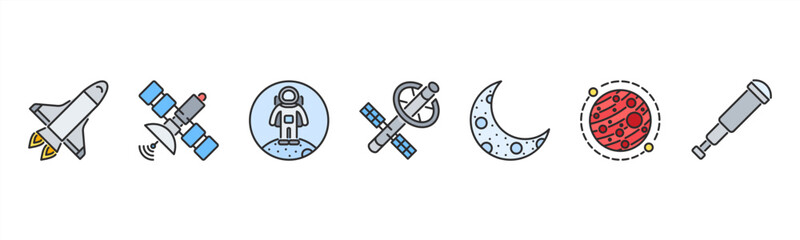 Space exploration icons featuring Space Shuttle, Satellite, Astronaut, Space Station, Moon, Mars, Telescope. © Dewi Sari
