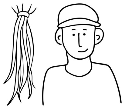 Simple hand drawn doodle of a guy in a cap, featuring a separate dreadlock lock or locs bunch beside the character. This clean sketch shows a smiling youth and his hair.