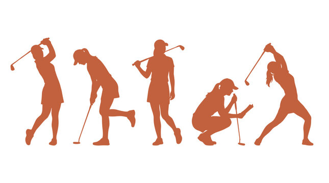 orange female golfer silhouettes set, lady golf player icons