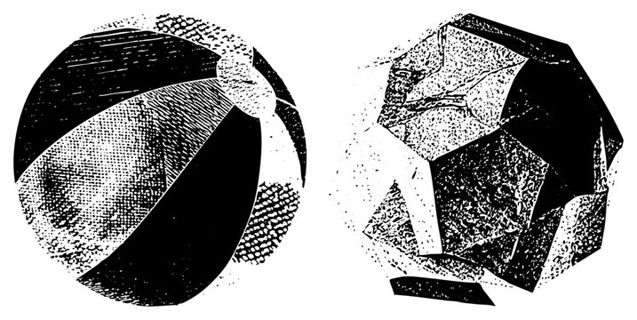 Retro beach ball, also known as a summer sphere or seaside toy, paired with a sharp rock. These textured objects feature a heavy halftone stipple effect for a gritty aesthetic.