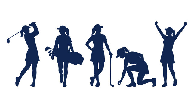navy blue female golfer silhouettes, woman golf victory and play poses