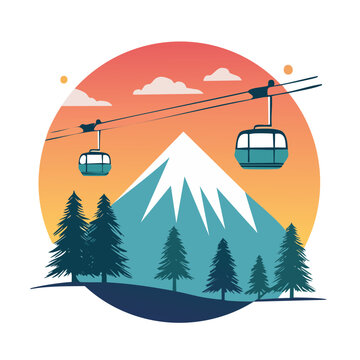 Flat design illustration of ski lift over mountain and trees