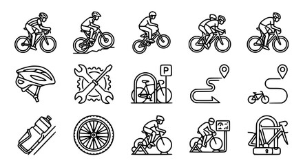 Obraz premium Cycling and bicycle sports outline icon set vector illustration