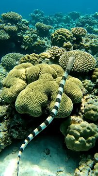 Banded sea krait swimming over a tropical coral reef.