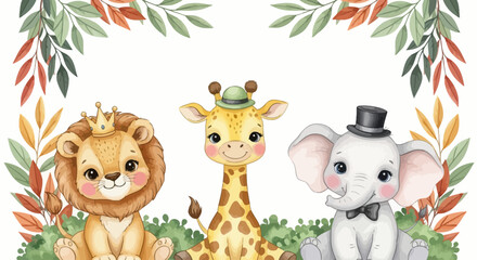 cute cartoon safari animals in leaves frame, kids party background © Uno