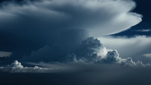 A dramatic sky scene with large, textured storm clouds illuminated by diffused light