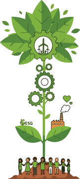 Green energy flower with gears and people holding hands symbolizing sustainability.