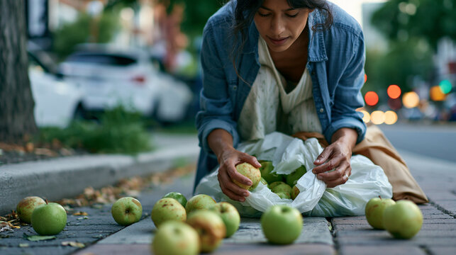 Photorealistic urban street mishap where a woman drops a torn grocery bag as apples roll on the sidewalk, creating an embarrassing moment