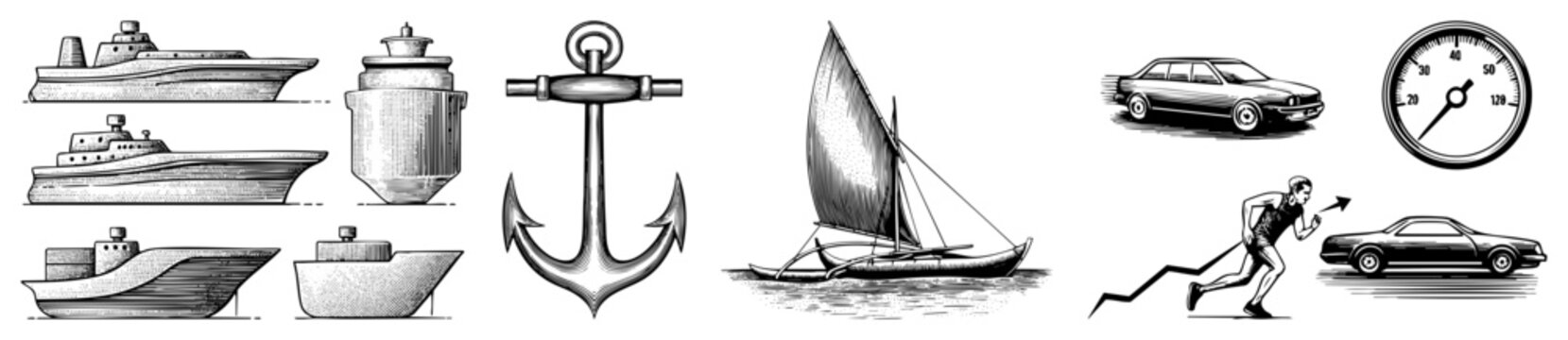 Hand drawn maritime vessels, including a freighter and sailing outrigger, alongside a racing driver and classic speed machine. Features an anchor and speedometer for nautical and automotive themes.