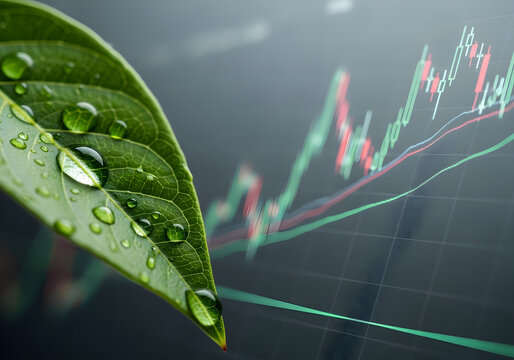 Close-up of water droplets on a vibrant green leaf with a blurred stock market graph in the background