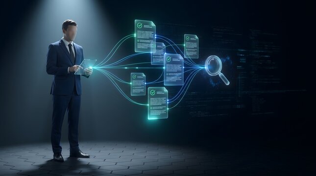 Digital Document Auditing and Compliance Concept &mdash; Business Professional Processing Secure Data Analytics via Tablet