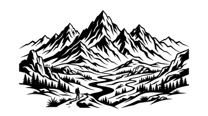 Obraz premium Silhouette of a hiker in a majestic mountain landscape with a winding river.