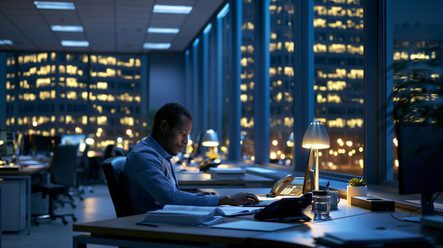 Man turning off office lights at empty desks during quiet evening end of day with city lights outside windows