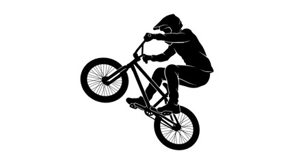 Naklejka premium Riders drawing bow silhouette rides bicycle performing stunt in air