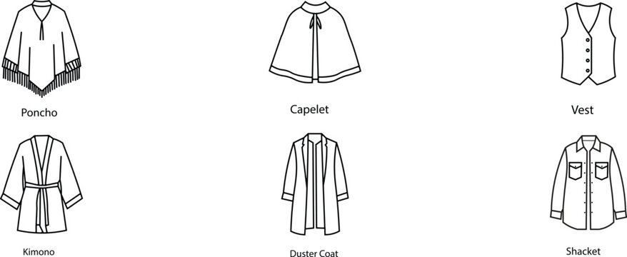 Fashion illustration line art of women's outerwear styles poncho capelet vest kimono