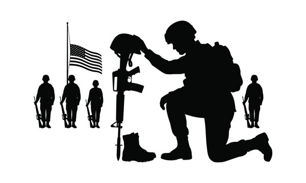 Military remembrance silhouette kneeling soldier honoring fallen comrades with american flag backdrop