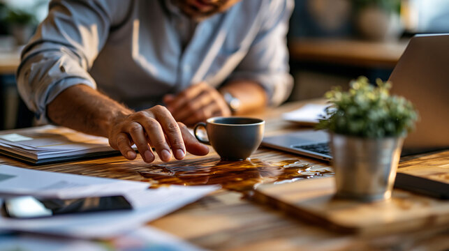 Man noticing coffee spill on desk before meeting with laptop papers and phone in office stress atmosphere photorealistic