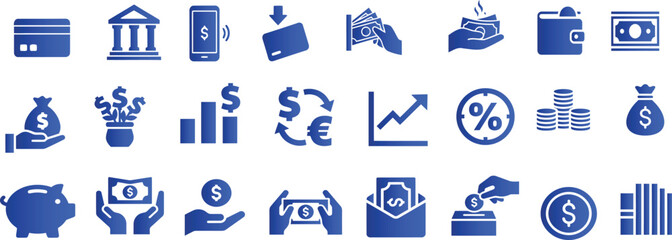 Fototapeta premium Business finance icon collection. Money banking payment symbols vector pack including credit card, mobile payment, savings, investment, trading charts and accounting tools.