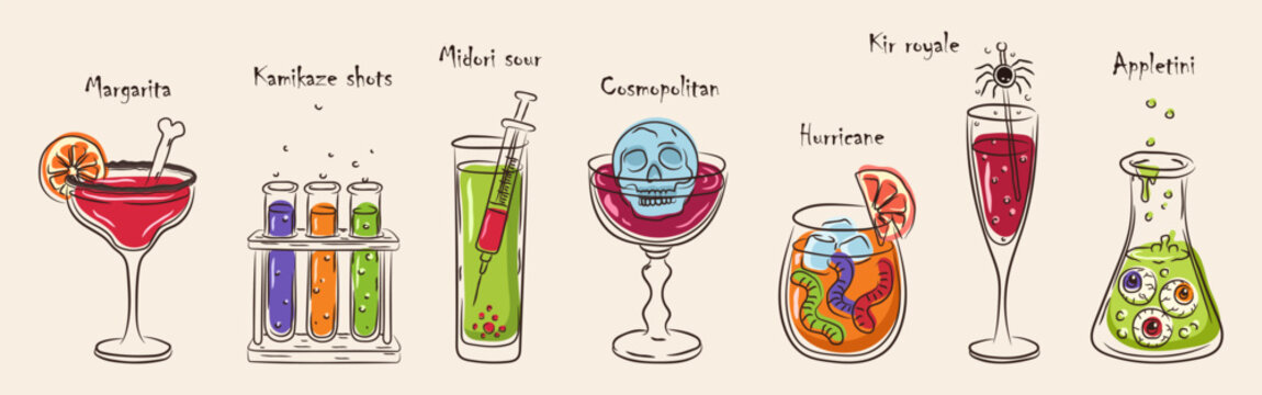 Halloween cocktail vector set with margarita, kamikaze shots, midori sour, cosmopolitan, hurricane, kir royale and appletini vectors isolated on white