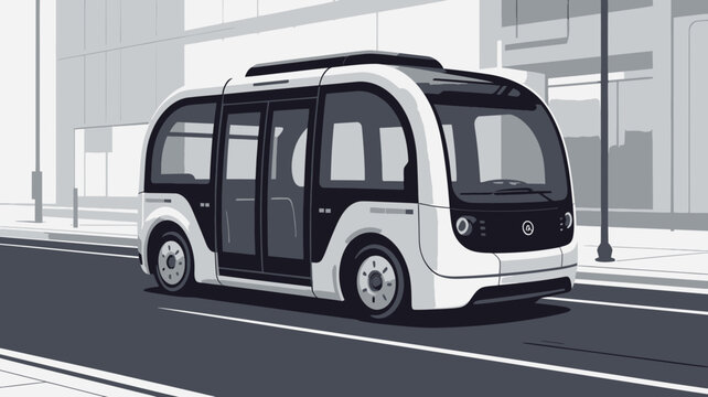 A sleek and modern autonomous electric shuttle bus driving on a city street with a futuristic design and large windows for a smooth ride experience